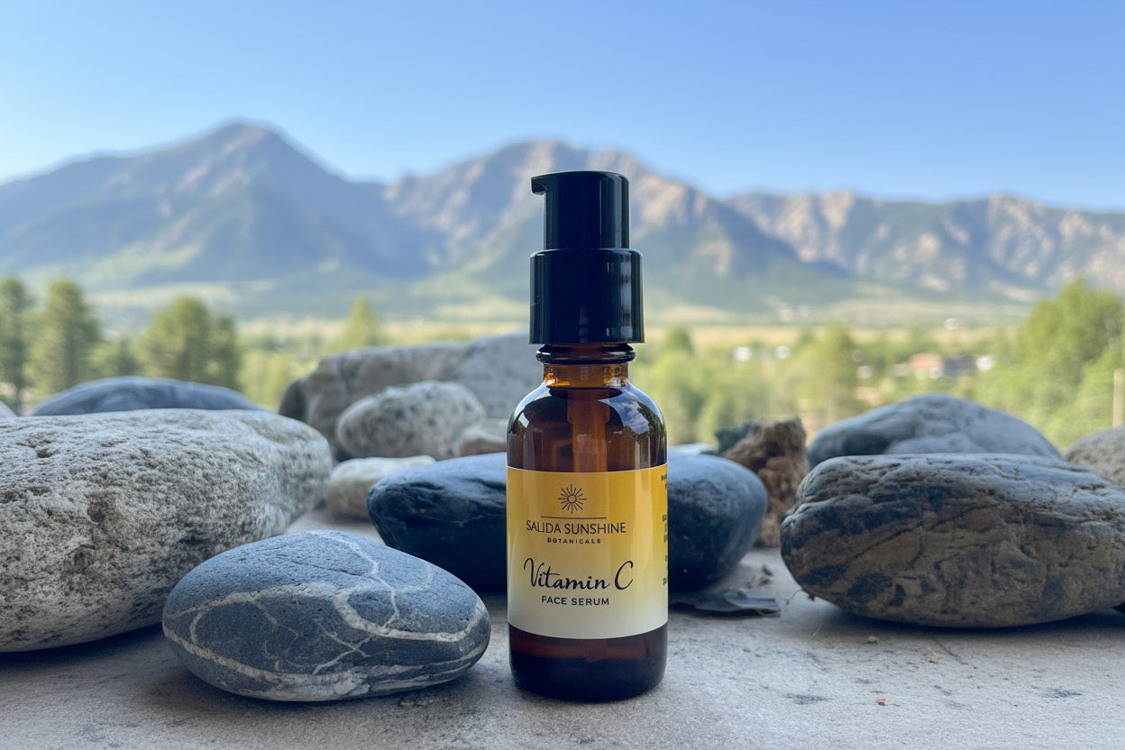 Bottle of Vitamin C serum on a stone surface with a blurred natural background